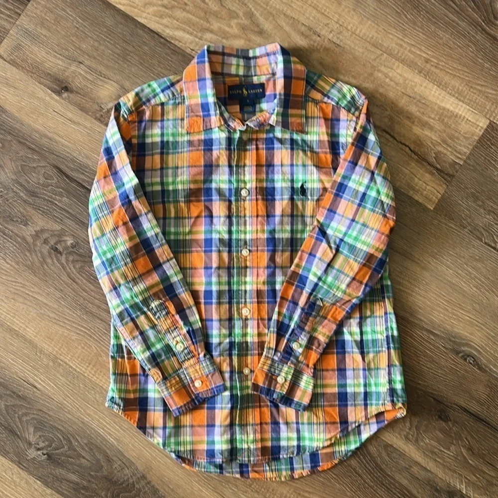 Ralph Lauren boys dress shirt size 7 orange,blue,green,yellow,white stripes